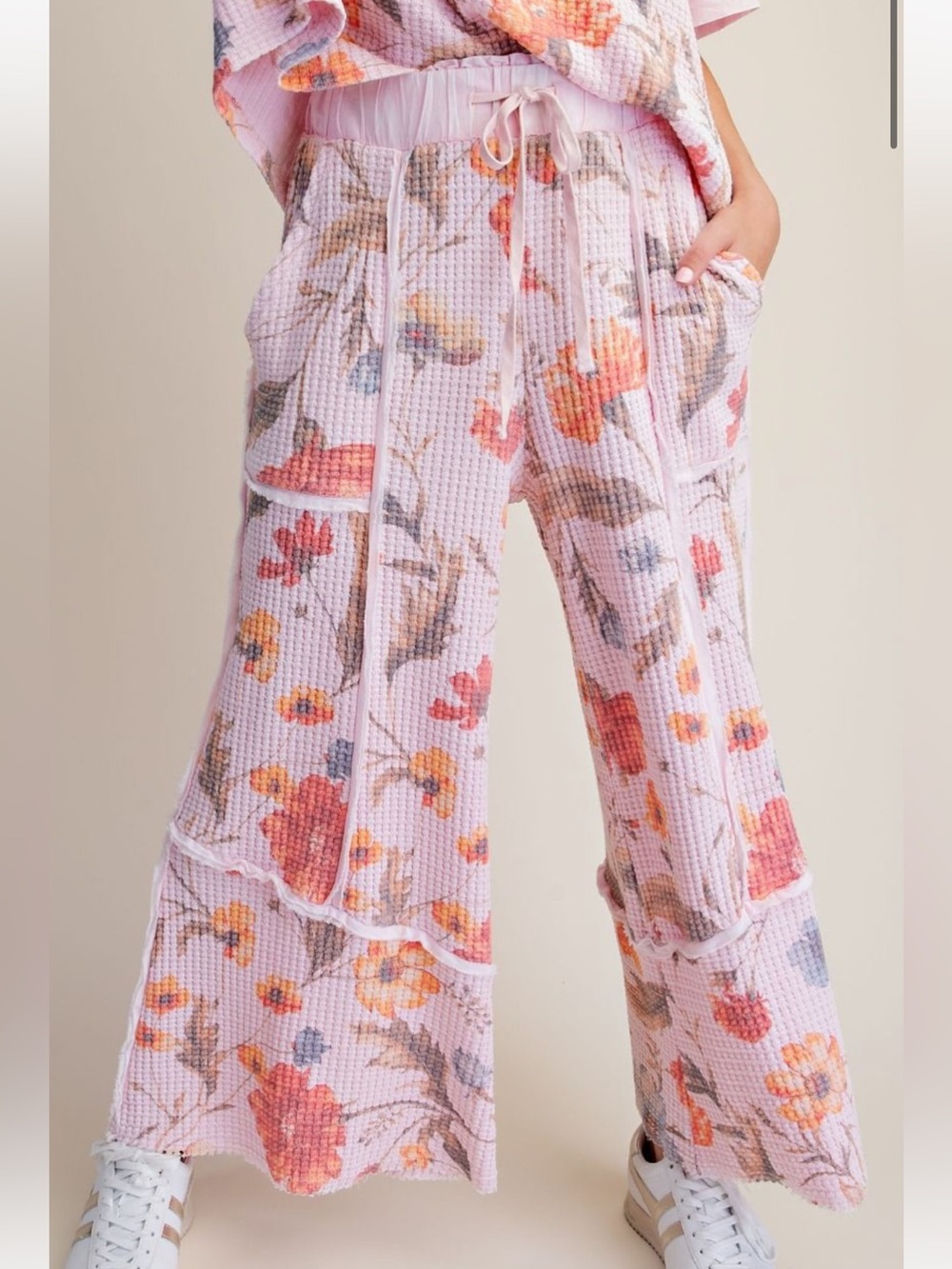 Easel Floral Waffle-Knit Wide Leg Pants - Pink Floral
